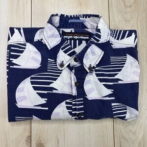 Reyn Spooner Hawaiian Sailboat Print Button-Down Shirt Blue White Large Aloha